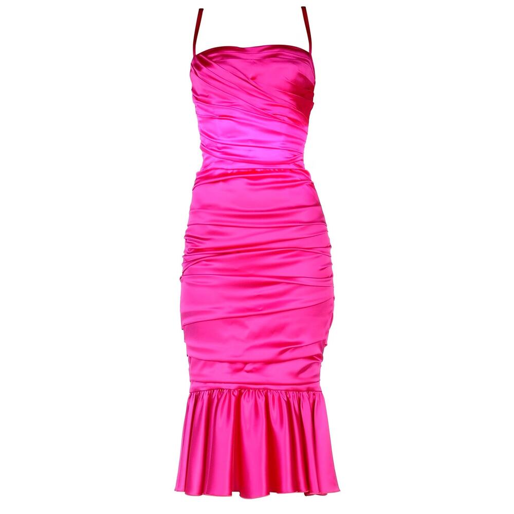 NWT Dolce & Gabbana Pink Ruched Stretch-Silk Satin Midi Dress 44 L